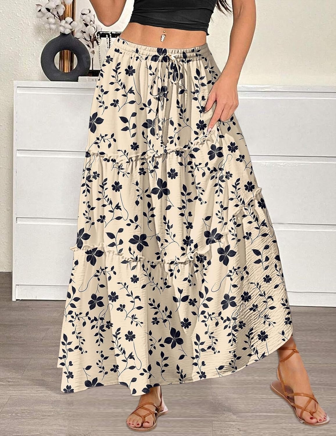 image:imageZeagoo Womens Casual Maxi Skirts for Women 2026 High Waist Boho Skirts Floral Printed Long Flowy Skirt with PocketsFloralprinted2