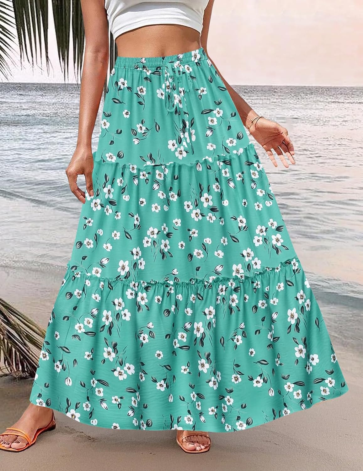 image:imageZeagoo Womens Casual Maxi Skirts for Women 2026 High Waist Boho Skirts Floral Printed Long Flowy Skirt with PocketsGreenfloralprinted