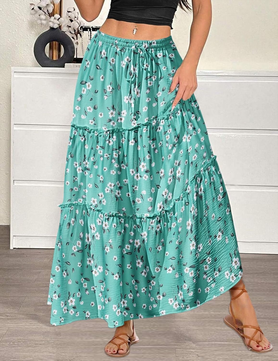 image:imageZeagoo Womens Casual Maxi Skirts for Women 2026 High Waist Boho Skirts Floral Printed Long Flowy Skirt with PocketsGreenfloralprinted