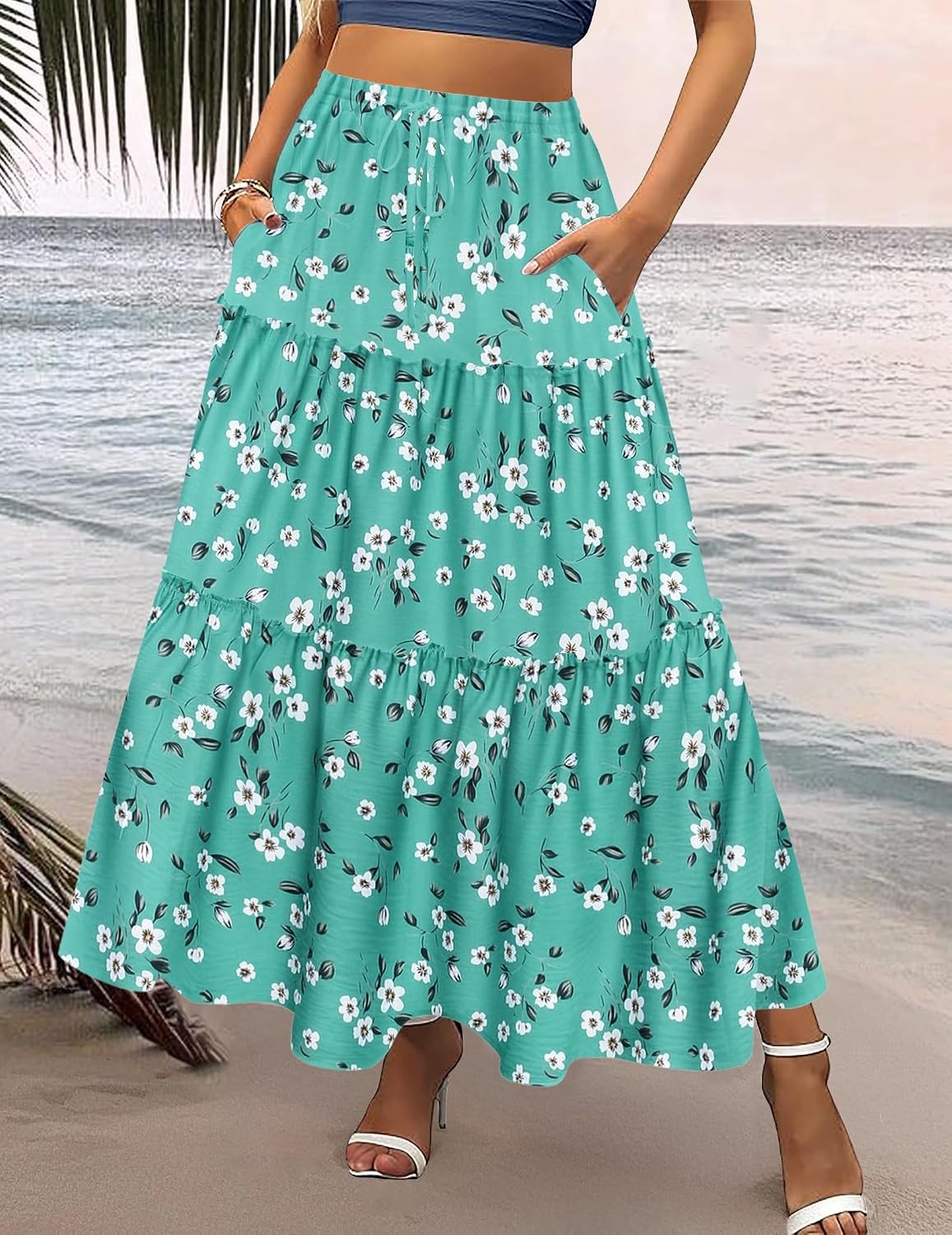 image:imageZeagoo Womens Casual Maxi Skirts for Women 2026 High Waist Boho Skirts Floral Printed Long Flowy Skirt with PocketsGreenfloralprinted