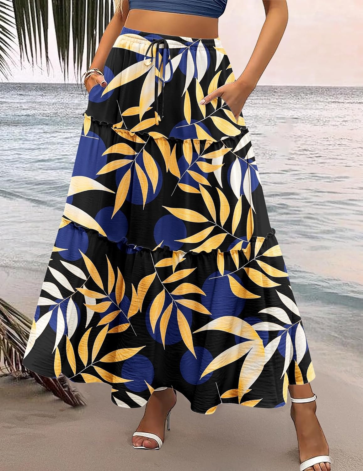 image:imageZeagoo Womens Casual Maxi Skirts for Women 2026 High Waist Boho Skirts Floral Printed Long Flowy Skirt with PocketsLeafprinted