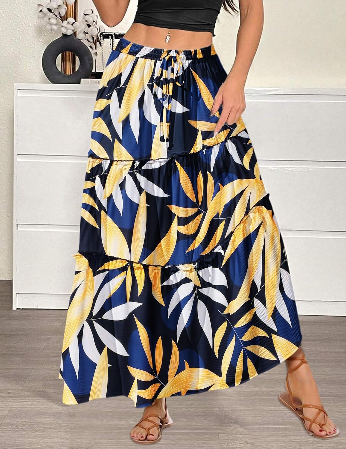 image:imageZeagoo Womens Casual Maxi Skirts for Women 2026 High Waist Boho Skirts Floral Printed Long Flowy Skirt with PocketsLeafprinted