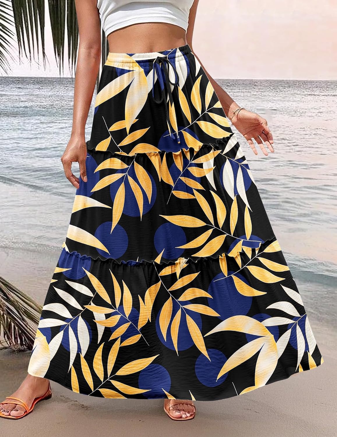 image:imageZeagoo Womens Casual Maxi Skirts for Women 2026 High Waist Boho Skirts Floral Printed Long Flowy Skirt with PocketsLeafprinted
