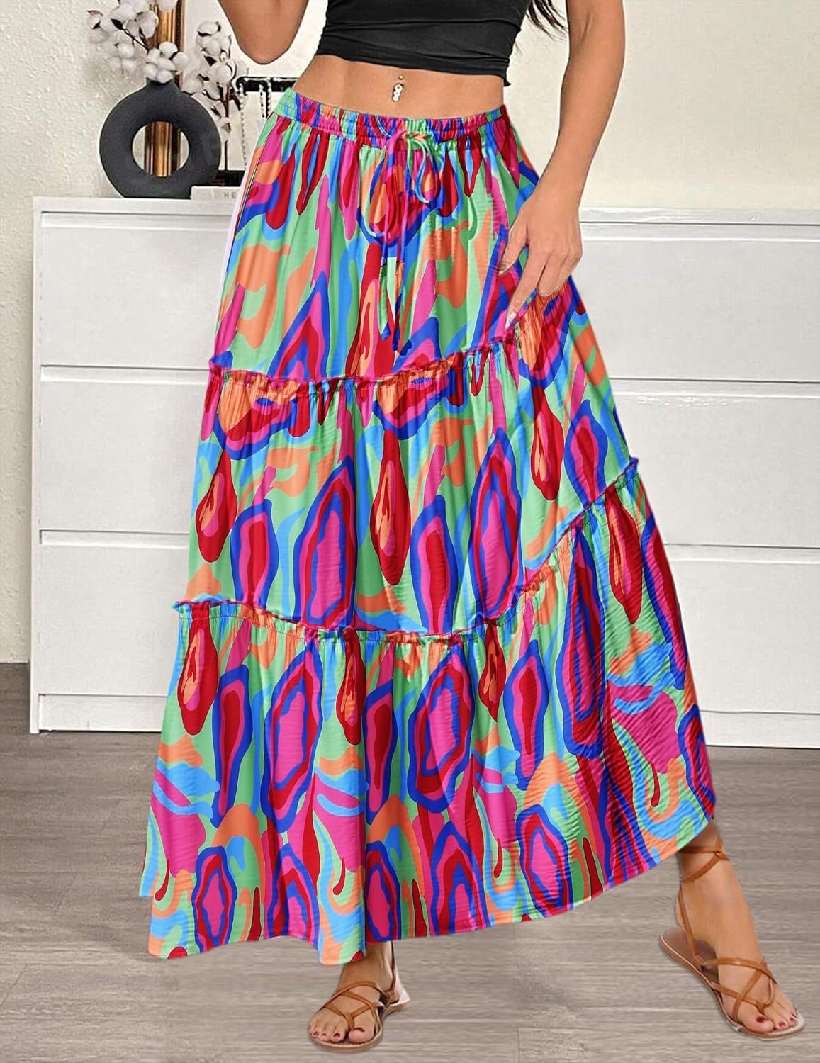 image:imageZeagoo Womens Casual Maxi Skirts for Women 2026 High Waist Boho Skirts Floral Printed Long Flowy Skirt with PocketsMulticolor02