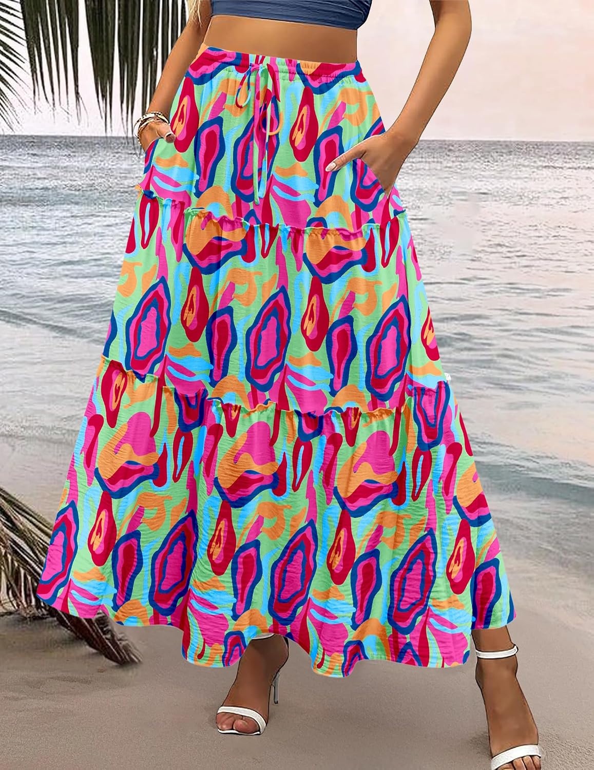 image:imageZeagoo Womens Casual Maxi Skirts for Women 2026 High Waist Boho Skirts Floral Printed Long Flowy Skirt with PocketsMulticolor02