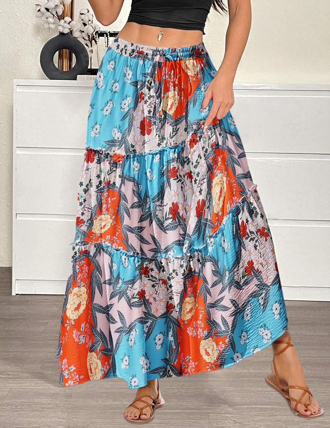 image:imageZeagoo Womens Casual Maxi Skirts for Women 2026 High Waist Boho Skirts Floral Printed Long Flowy Skirt with PocketsMulticolor03