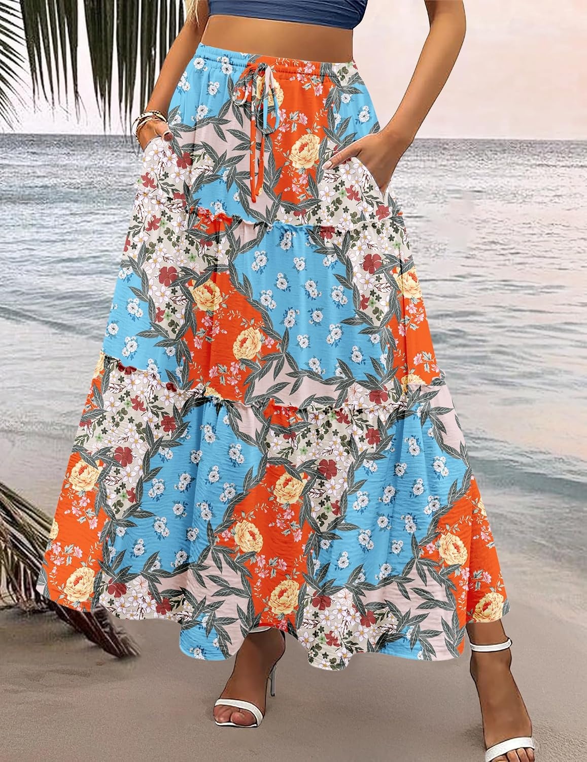 image:imageZeagoo Womens Casual Maxi Skirts for Women 2026 High Waist Boho Skirts Floral Printed Long Flowy Skirt with PocketsMulticolor03