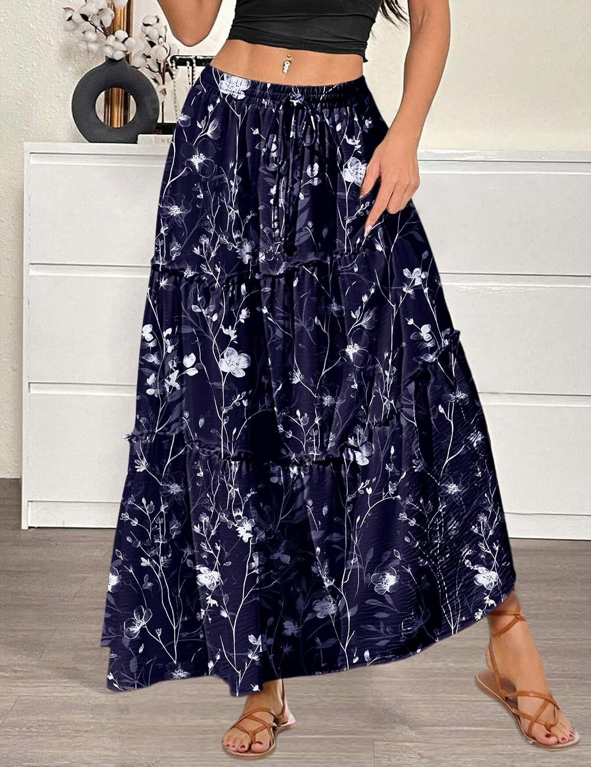 image:imageZeagoo Womens Casual Maxi Skirts for Women 2026 High Waist Boho Skirts Floral Printed Long Flowy Skirt with PocketsNavy Blue Floral