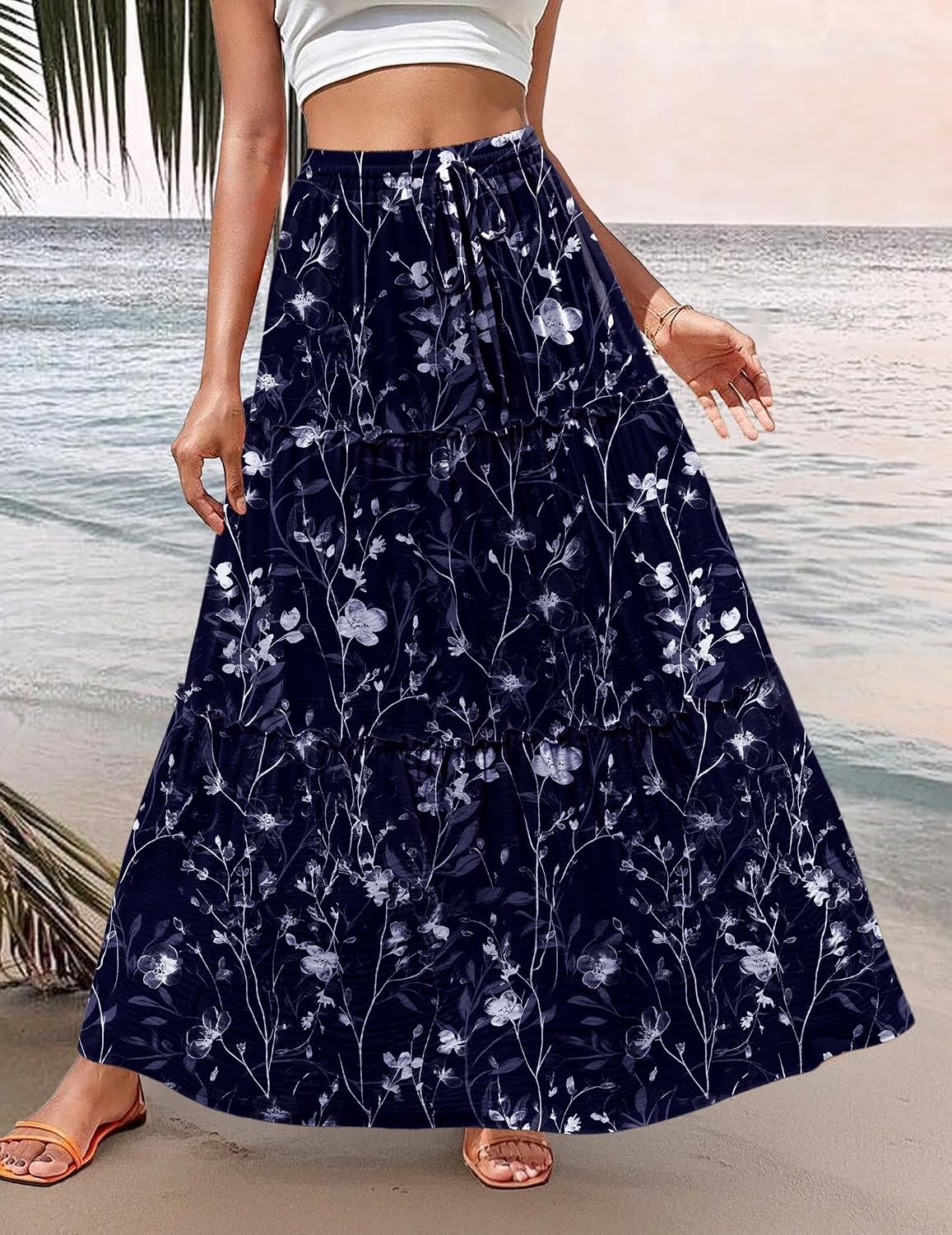 image:imageZeagoo Womens Casual Maxi Skirts for Women 2026 High Waist Boho Skirts Floral Printed Long Flowy Skirt with PocketsNavy Blue Floral