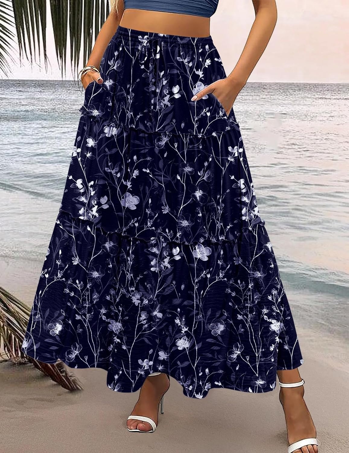image:imageZeagoo Womens Casual Maxi Skirts for Women 2026 High Waist Boho Skirts Floral Printed Long Flowy Skirt with PocketsNavy Blue Floral