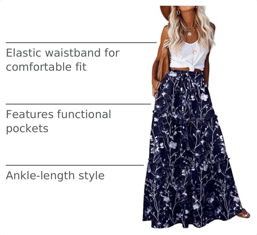 image:imageZeagoo Womens Casual Maxi Skirts for Women 2026 High Waist Boho Skirts Floral Printed Long Flowy Skirt with PocketsNavy Blue Floral