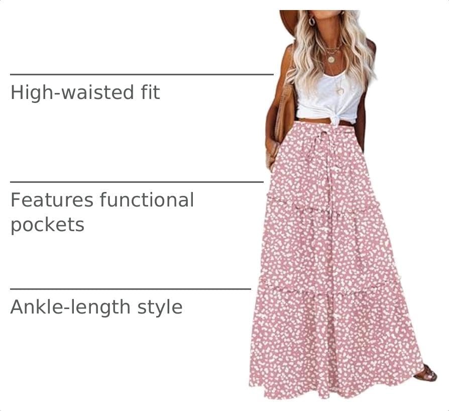 image:imageZeagoo Womens Casual Maxi Skirts for Women 2026 High Waist Boho Skirts Floral Printed Long Flowy Skirt with PocketsPinkprinted