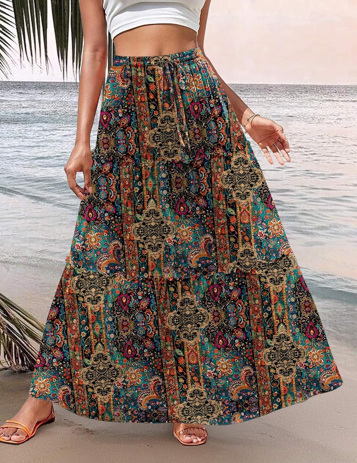 image:imageZeagoo Womens Casual Maxi Skirts for Women 2026 High Waist Boho Skirts Floral Printed Long Flowy Skirt with PocketsPrinted1