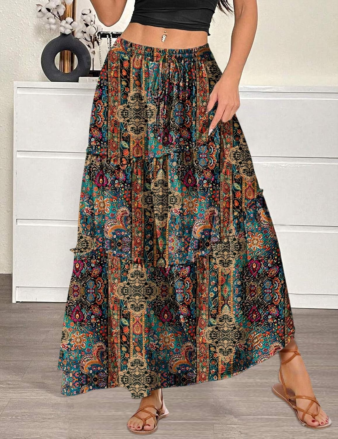 image:imageZeagoo Womens Casual Maxi Skirts for Women 2026 High Waist Boho Skirts Floral Printed Long Flowy Skirt with PocketsPrinted1