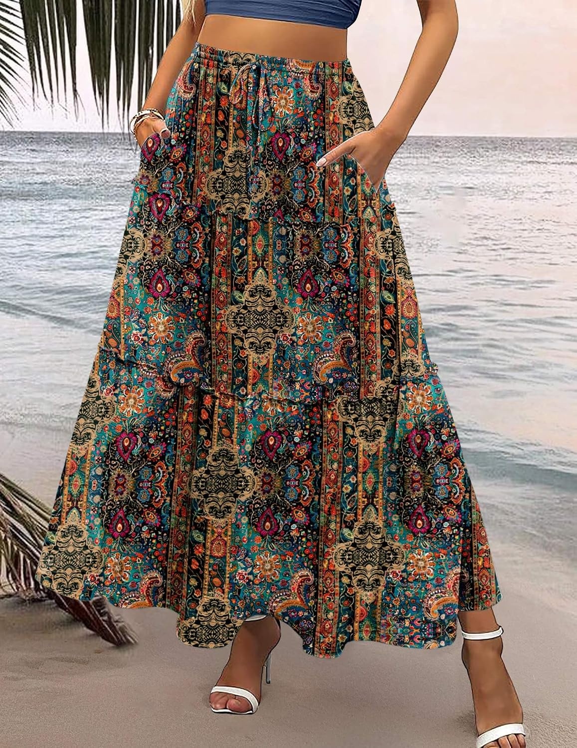 image:imageZeagoo Womens Casual Maxi Skirts for Women 2026 High Waist Boho Skirts Floral Printed Long Flowy Skirt with PocketsPrinted1