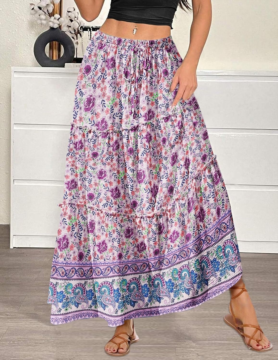 image:imageZeagoo Womens Casual Maxi Skirts for Women 2026 High Waist Boho Skirts Floral Printed Long Flowy Skirt with PocketsPurplefloral
