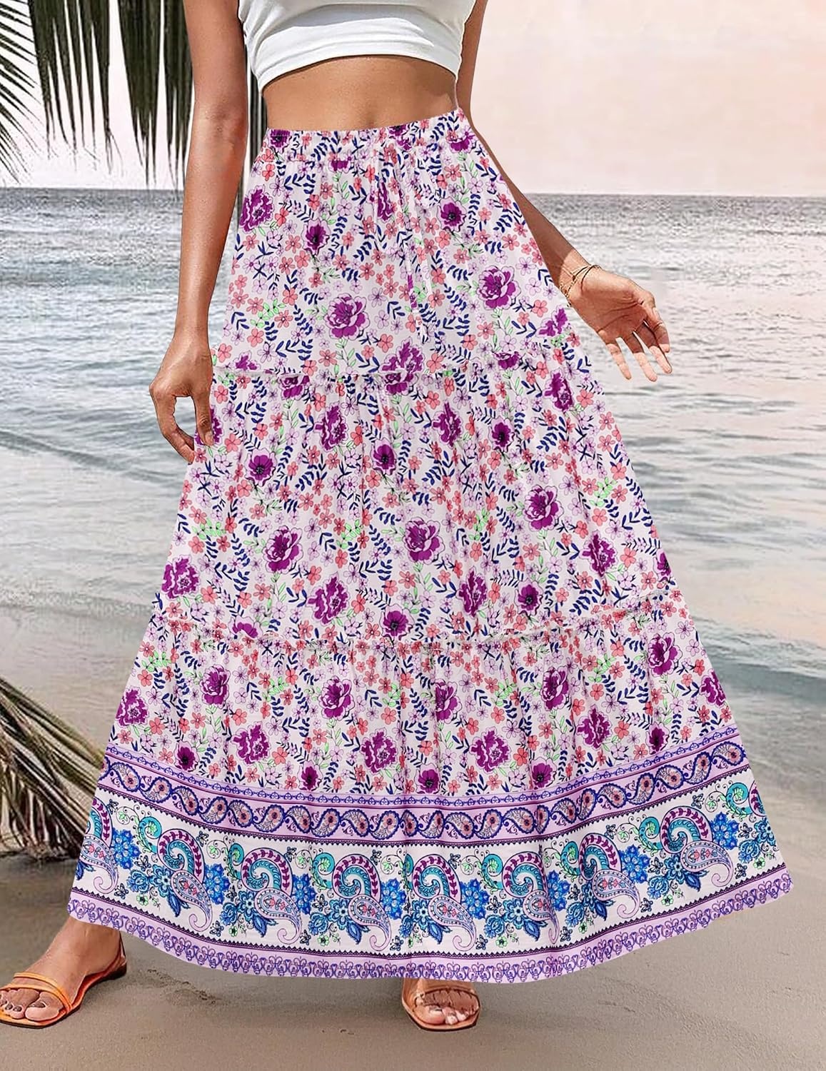 image:imageZeagoo Womens Casual Maxi Skirts for Women 2026 High Waist Boho Skirts Floral Printed Long Flowy Skirt with PocketsPurplefloral