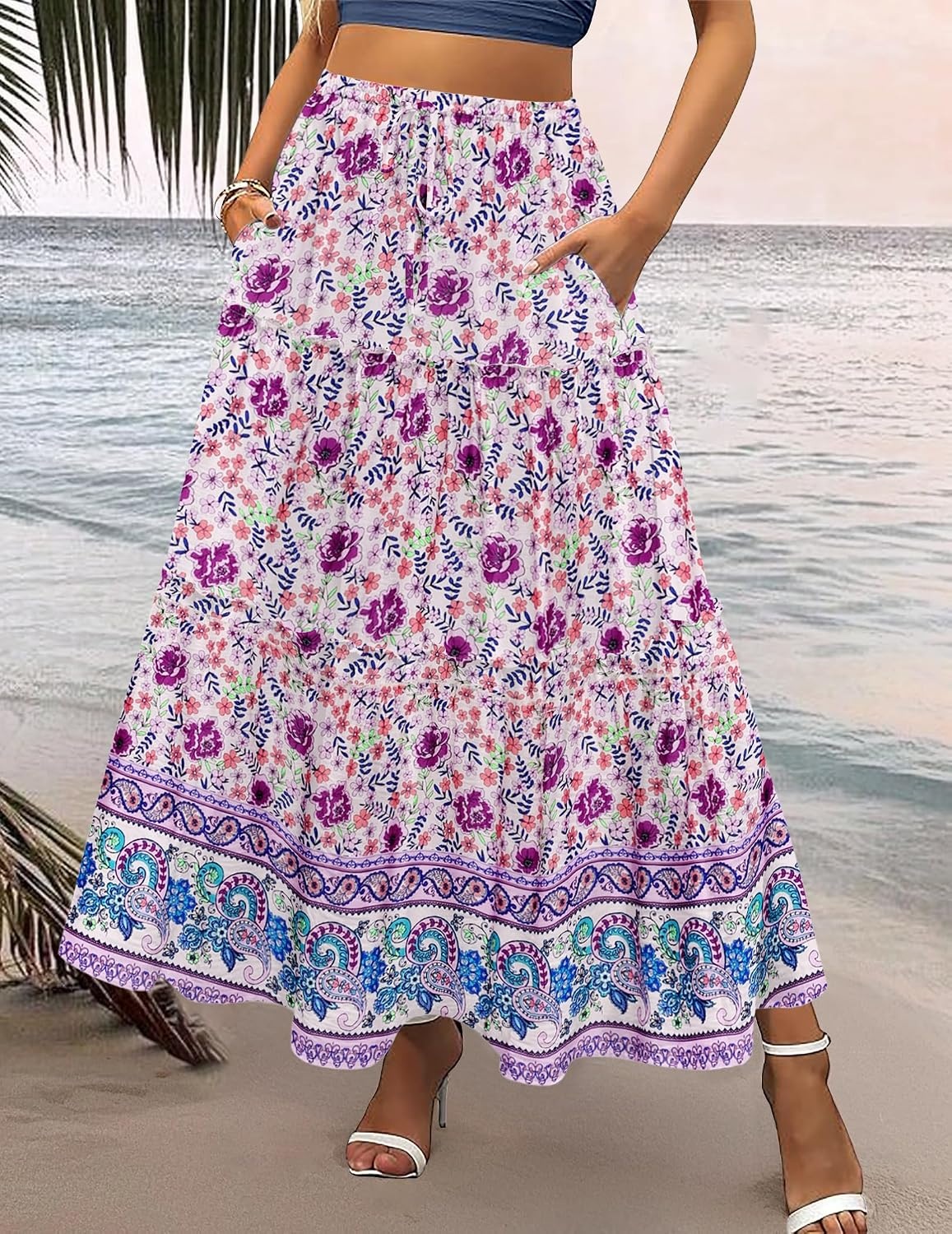 image:imageZeagoo Womens Casual Maxi Skirts for Women 2026 High Waist Boho Skirts Floral Printed Long Flowy Skirt with PocketsPurplefloral