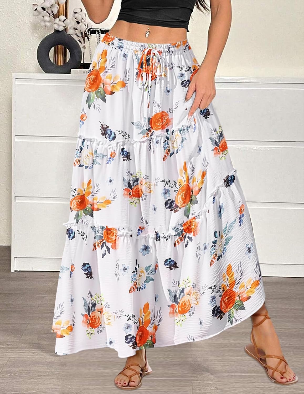 image:imageZeagoo Womens Casual Maxi Skirts for Women 2026 High Waist Boho Skirts Floral Printed Long Flowy Skirt with PocketsRed Floral