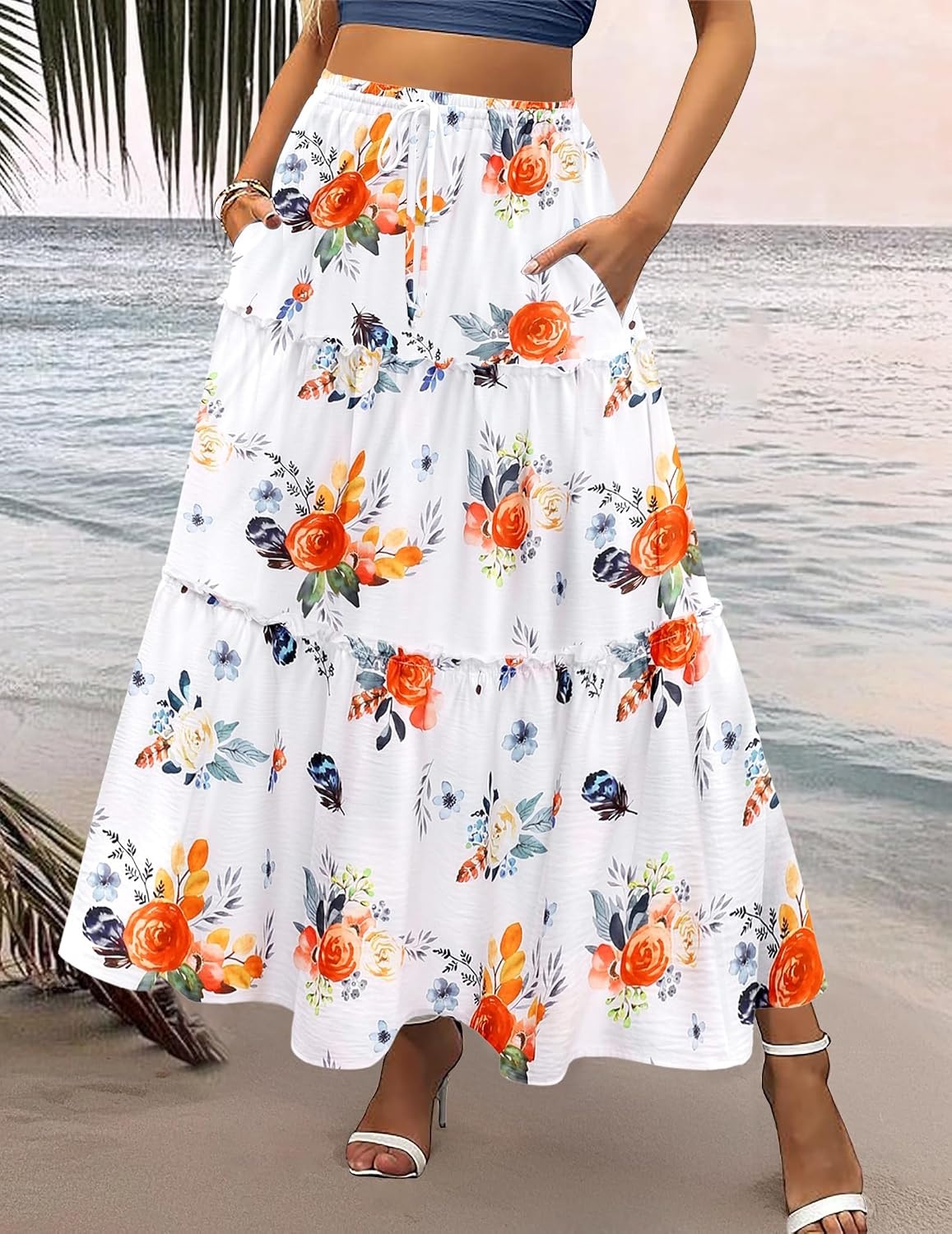 image:imageZeagoo Womens Casual Maxi Skirts for Women 2026 High Waist Boho Skirts Floral Printed Long Flowy Skirt with PocketsRed Floral