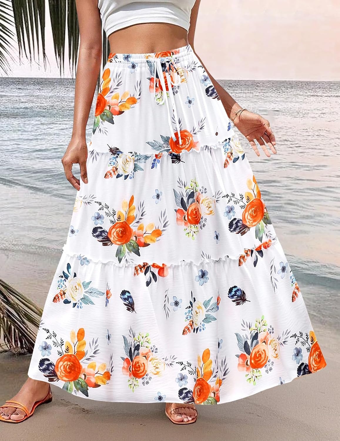 image:imageZeagoo Womens Casual Maxi Skirts for Women 2026 High Waist Boho Skirts Floral Printed Long Flowy Skirt with PocketsRed Floral