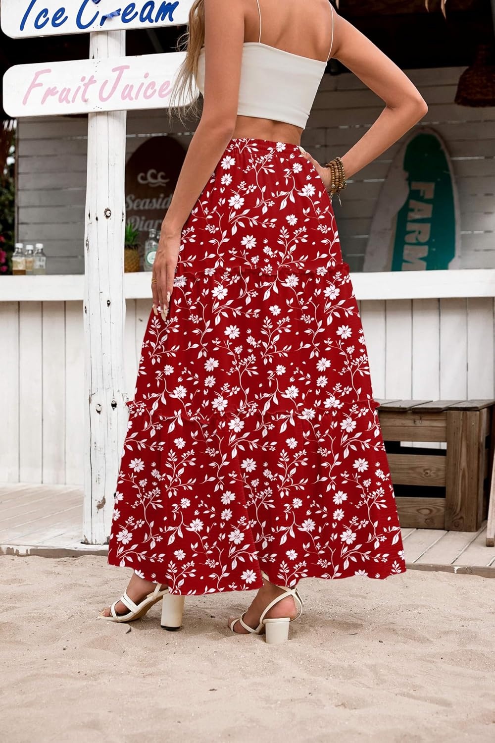 image:imageZeagoo Womens Casual Maxi Skirts for Women 2026 High Waist Boho Skirts Floral Printed Long Flowy Skirt with PocketsRed Floralprinted