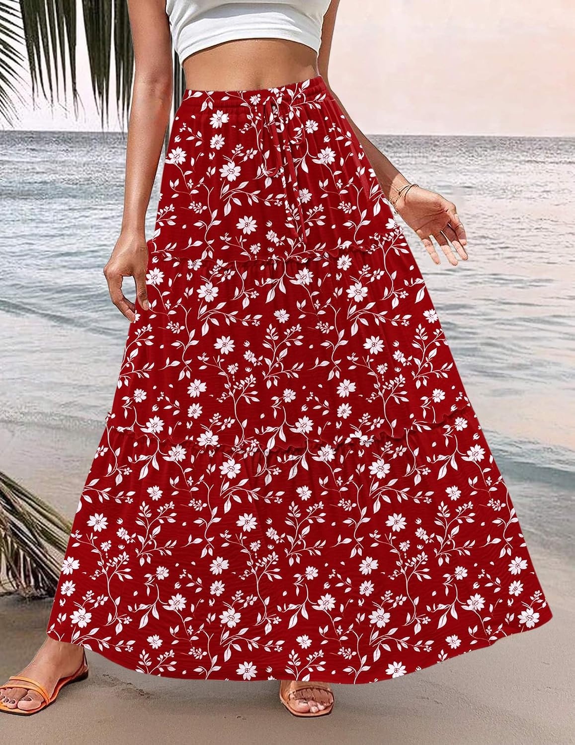 image:imageZeagoo Womens Casual Maxi Skirts for Women 2026 High Waist Boho Skirts Floral Printed Long Flowy Skirt with PocketsRed Floralprinted