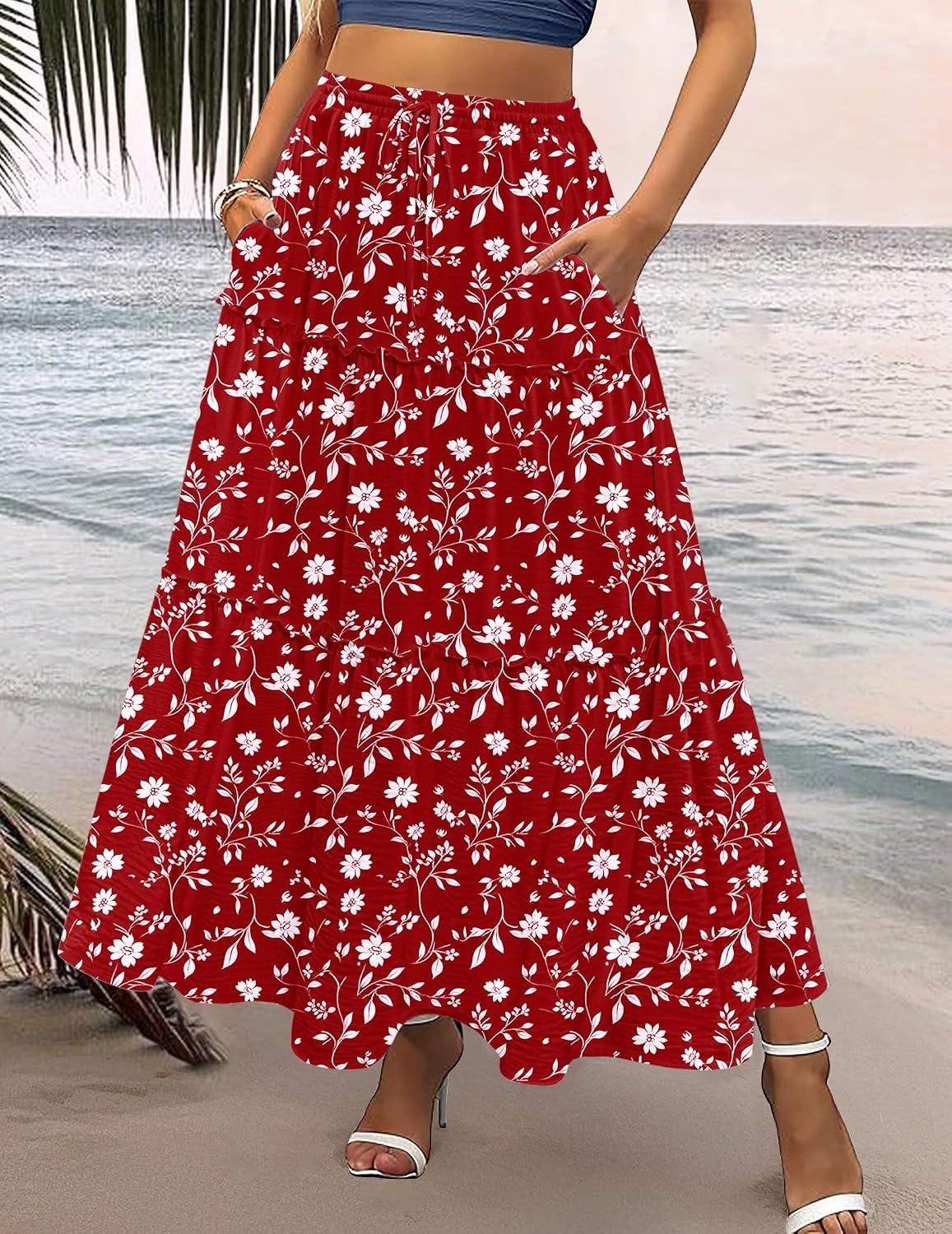 image:imageZeagoo Womens Casual Maxi Skirts for Women 2026 High Waist Boho Skirts Floral Printed Long Flowy Skirt with PocketsRed Floralprinted