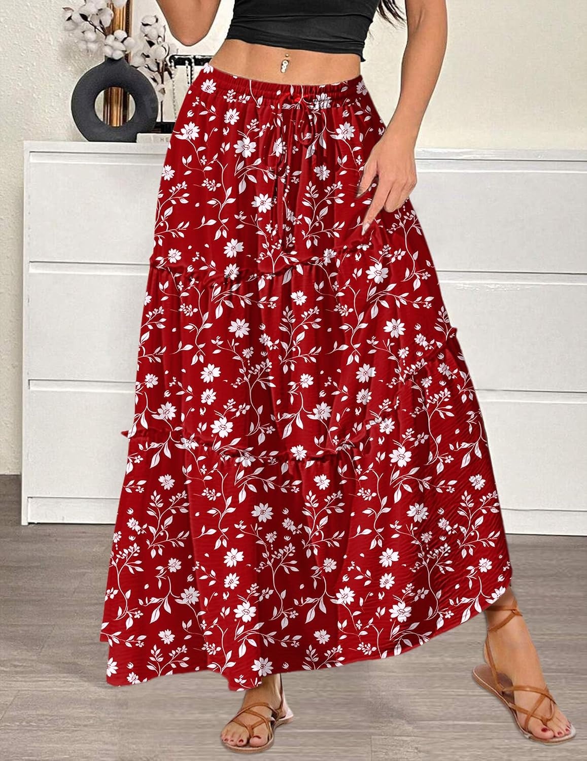 image:imageZeagoo Womens Casual Maxi Skirts for Women 2026 High Waist Boho Skirts Floral Printed Long Flowy Skirt with PocketsRed Floralprinted