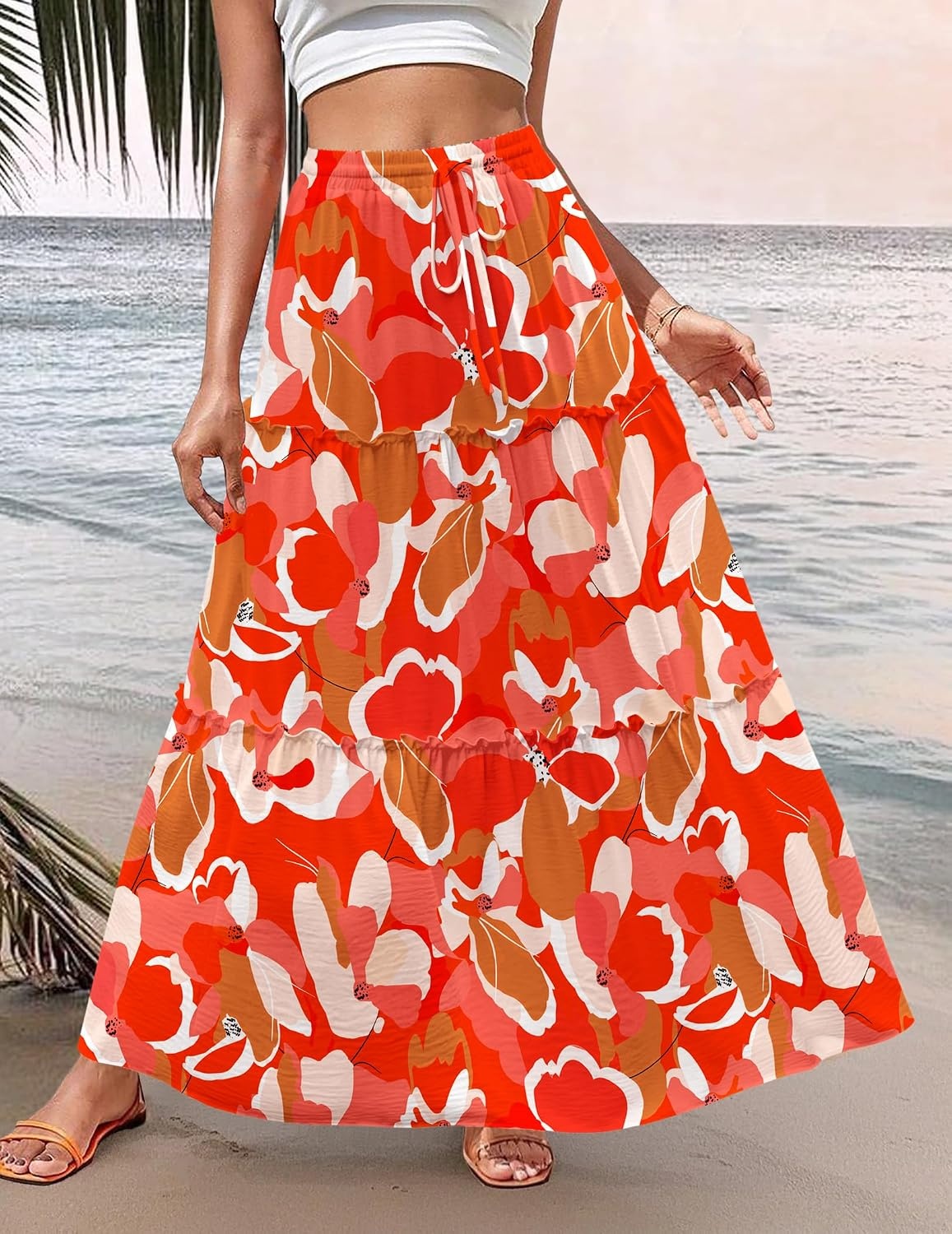 image:imageZeagoo Womens Casual Maxi Skirts for Women 2026 High Waist Boho Skirts Floral Printed Long Flowy Skirt with PocketsRedprinted