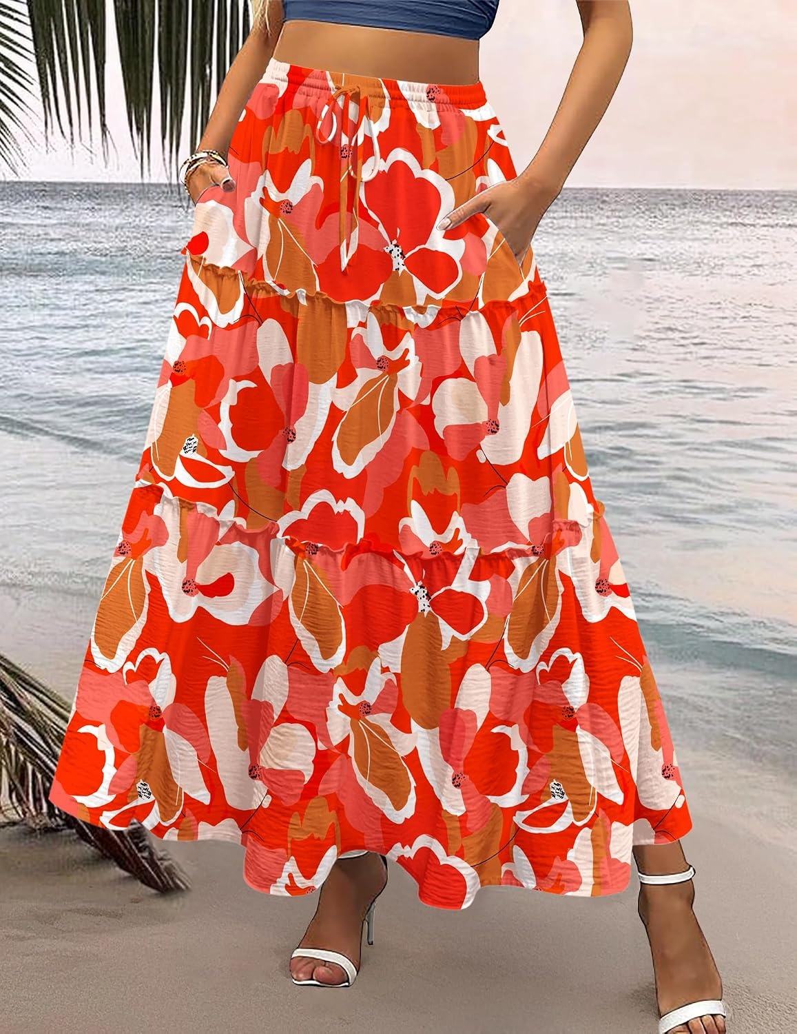 image:imageZeagoo Womens Casual Maxi Skirts for Women 2026 High Waist Boho Skirts Floral Printed Long Flowy Skirt with PocketsRedprinted