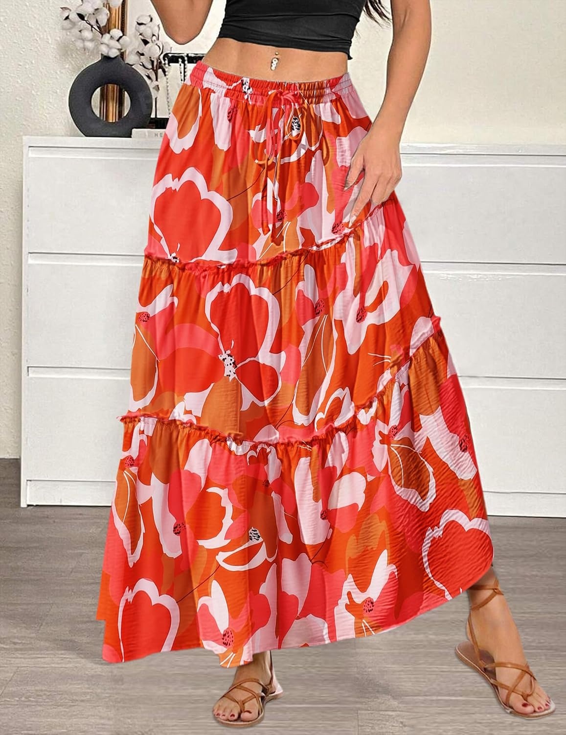 image:imageZeagoo Womens Casual Maxi Skirts for Women 2026 High Waist Boho Skirts Floral Printed Long Flowy Skirt with PocketsRedprinted