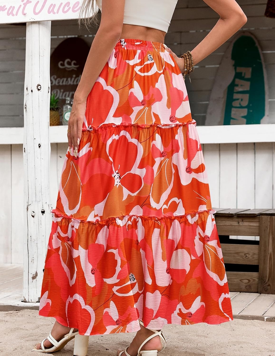 image:imageZeagoo Womens Casual Maxi Skirts for Women 2026 High Waist Boho Skirts Floral Printed Long Flowy Skirt with PocketsRedprinted