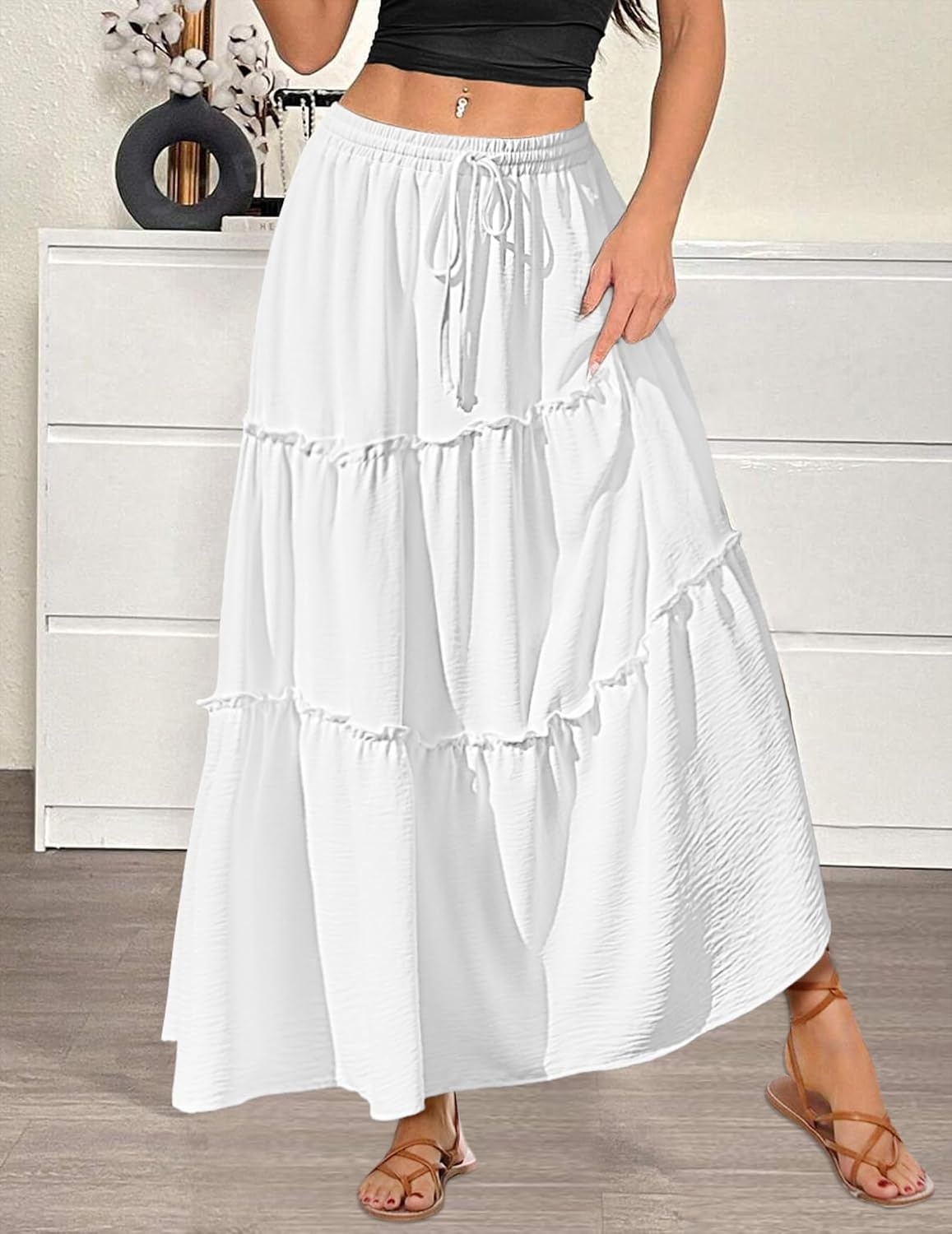 image:imageZeagoo Womens Casual Maxi Skirts for Women 2026 High Waist Boho Skirts Floral Printed Long Flowy Skirt with PocketsWhite