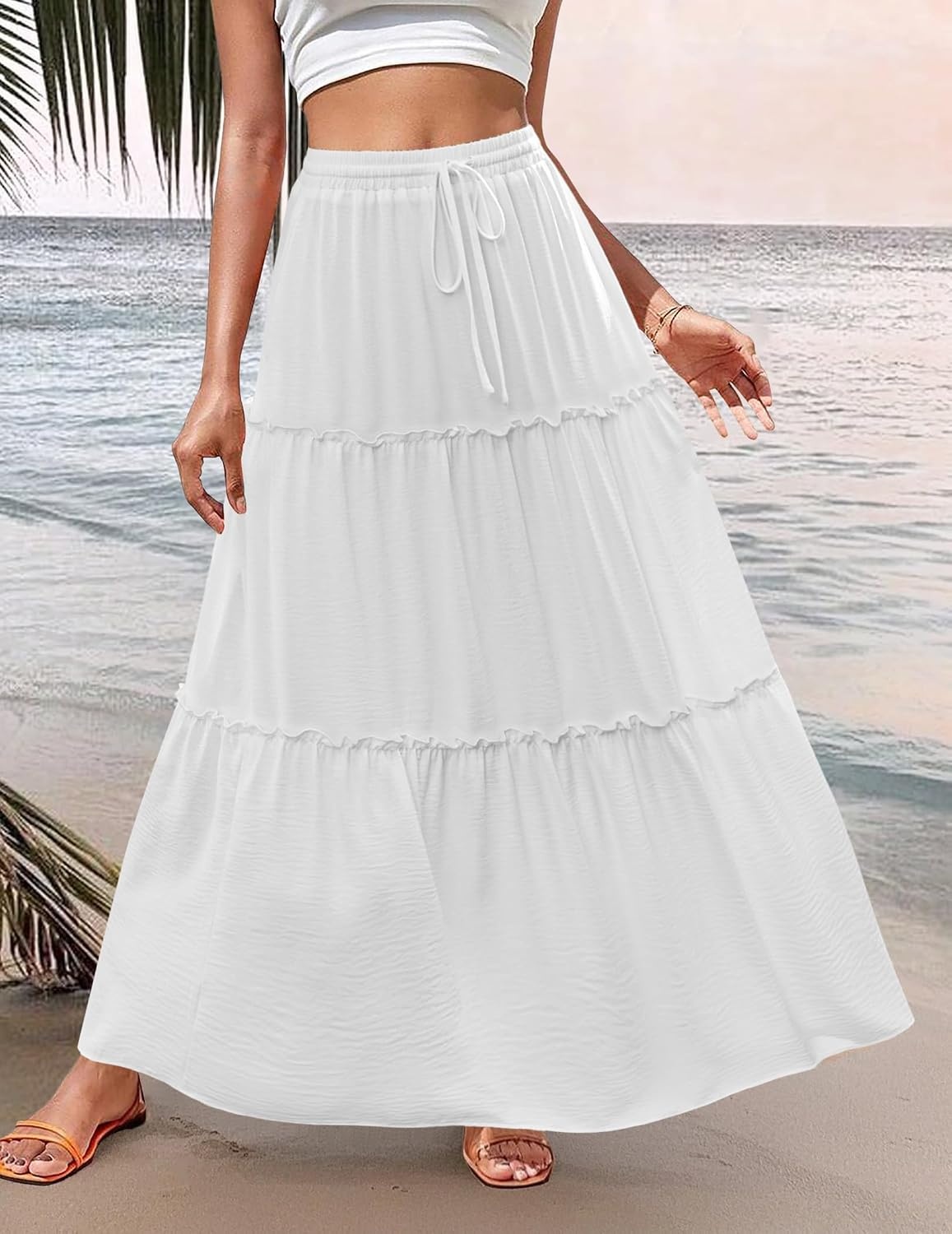 image:imageZeagoo Womens Casual Maxi Skirts for Women 2026 High Waist Boho Skirts Floral Printed Long Flowy Skirt with PocketsWhite