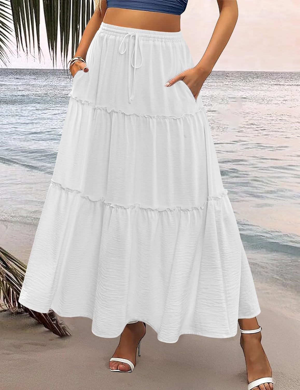 image:imageZeagoo Womens Casual Maxi Skirts for Women 2026 High Waist Boho Skirts Floral Printed Long Flowy Skirt with PocketsWhite