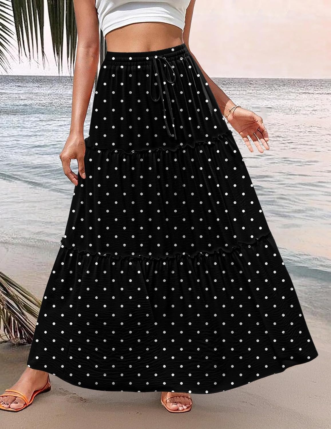 image:imageZeagoo Womens Casual Maxi Skirts for Women 2026 High Waist Boho Skirts Floral Printed Long Flowy Skirt with PocketsWhite Dot
