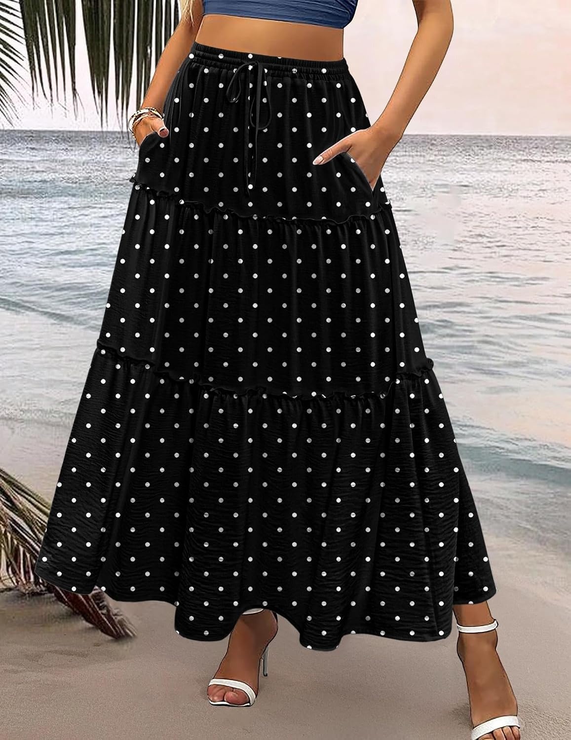 image:imageZeagoo Womens Casual Maxi Skirts for Women 2026 High Waist Boho Skirts Floral Printed Long Flowy Skirt with PocketsWhite Dot