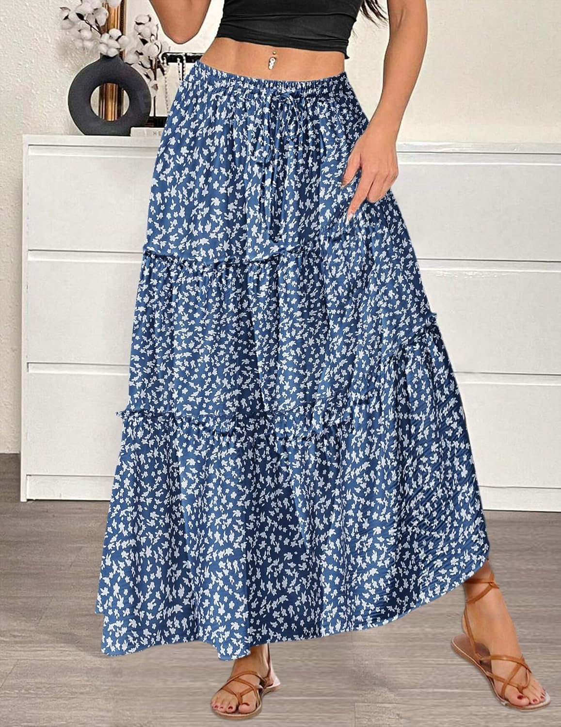 image:imageZeagoo Womens Casual Maxi Skirts for Women 2026 High Waist Boho Skirts Floral Printed Long Flowy Skirt with PocketsWhite Floral01