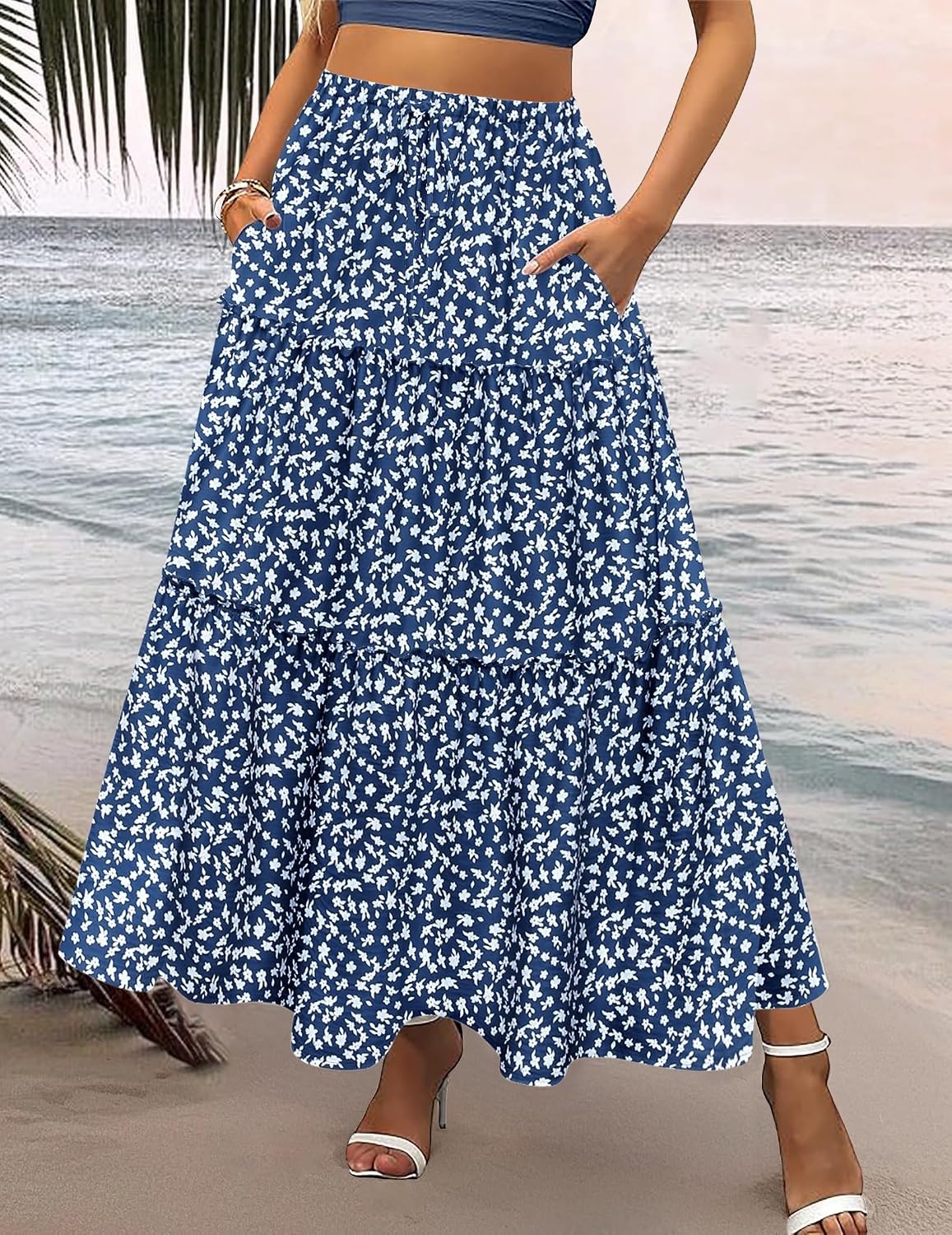 image:imageZeagoo Womens Casual Maxi Skirts for Women 2026 High Waist Boho Skirts Floral Printed Long Flowy Skirt with PocketsWhite Floral01