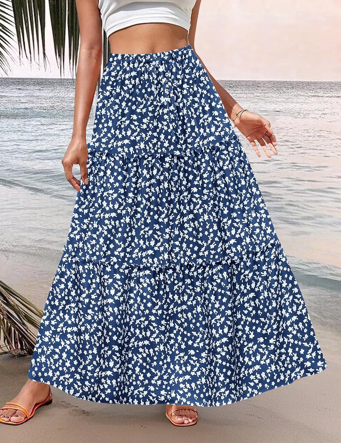 image:imageZeagoo Womens Casual Maxi Skirts for Women 2026 High Waist Boho Skirts Floral Printed Long Flowy Skirt with PocketsWhite Floral01