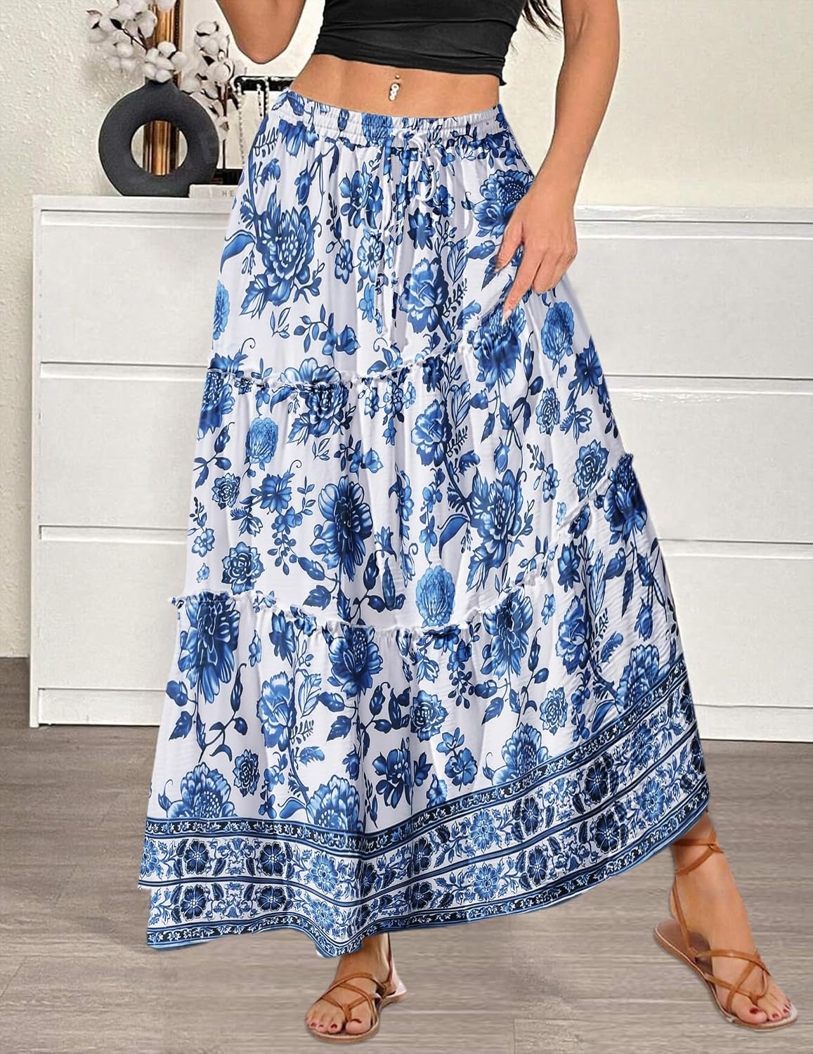 image:imageZeagoo Womens Casual Maxi Skirts for Women 2026 High Waist Boho Skirts Floral Printed Long Flowy Skirt with PocketsWhite Floral03