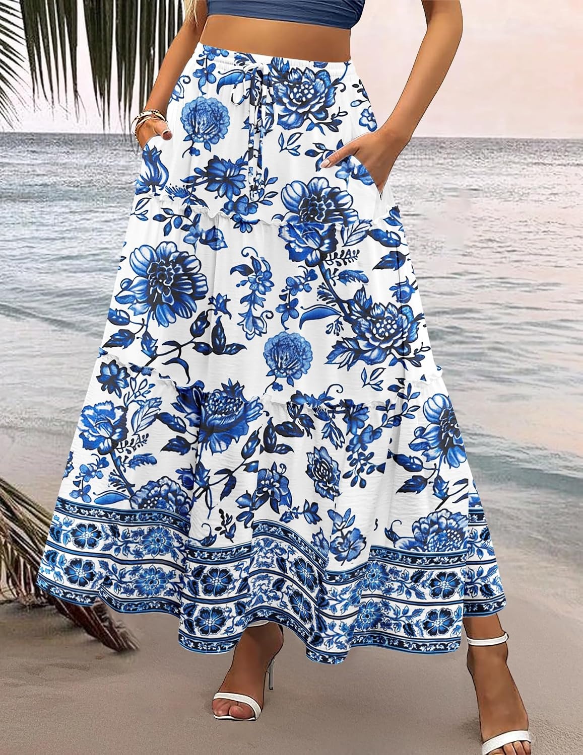 image:imageZeagoo Womens Casual Maxi Skirts for Women 2026 High Waist Boho Skirts Floral Printed Long Flowy Skirt with PocketsWhite Floral03