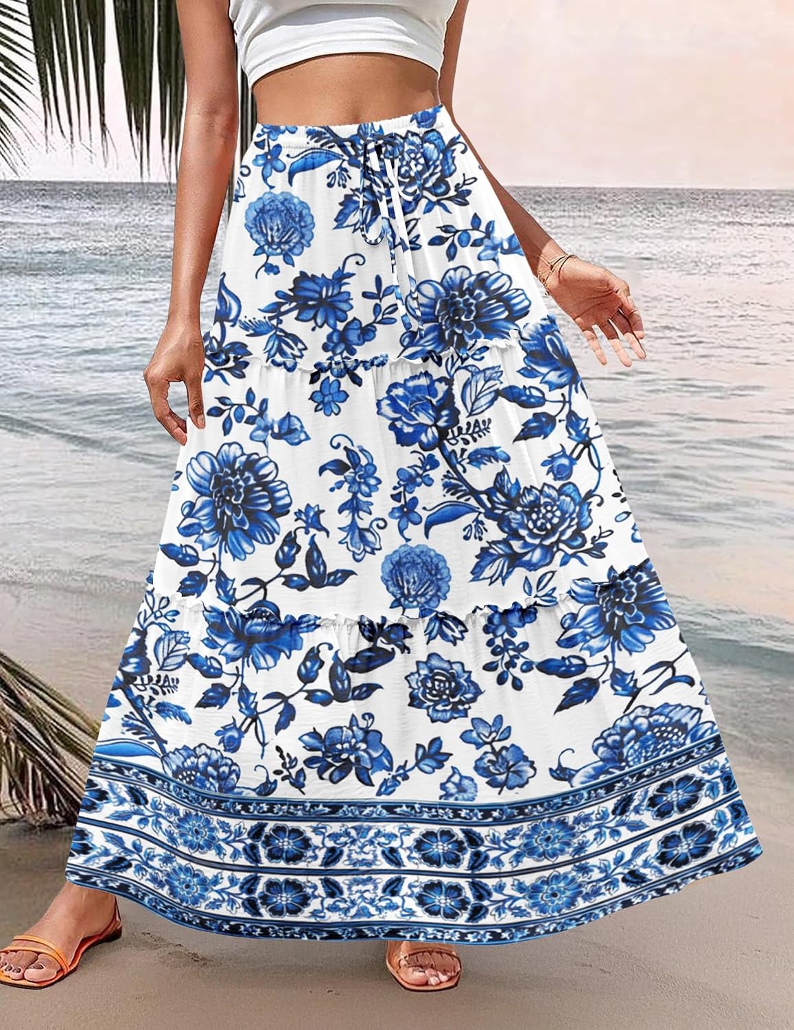 image:imageZeagoo Womens Casual Maxi Skirts for Women 2026 High Waist Boho Skirts Floral Printed Long Flowy Skirt with PocketsWhite Floral03