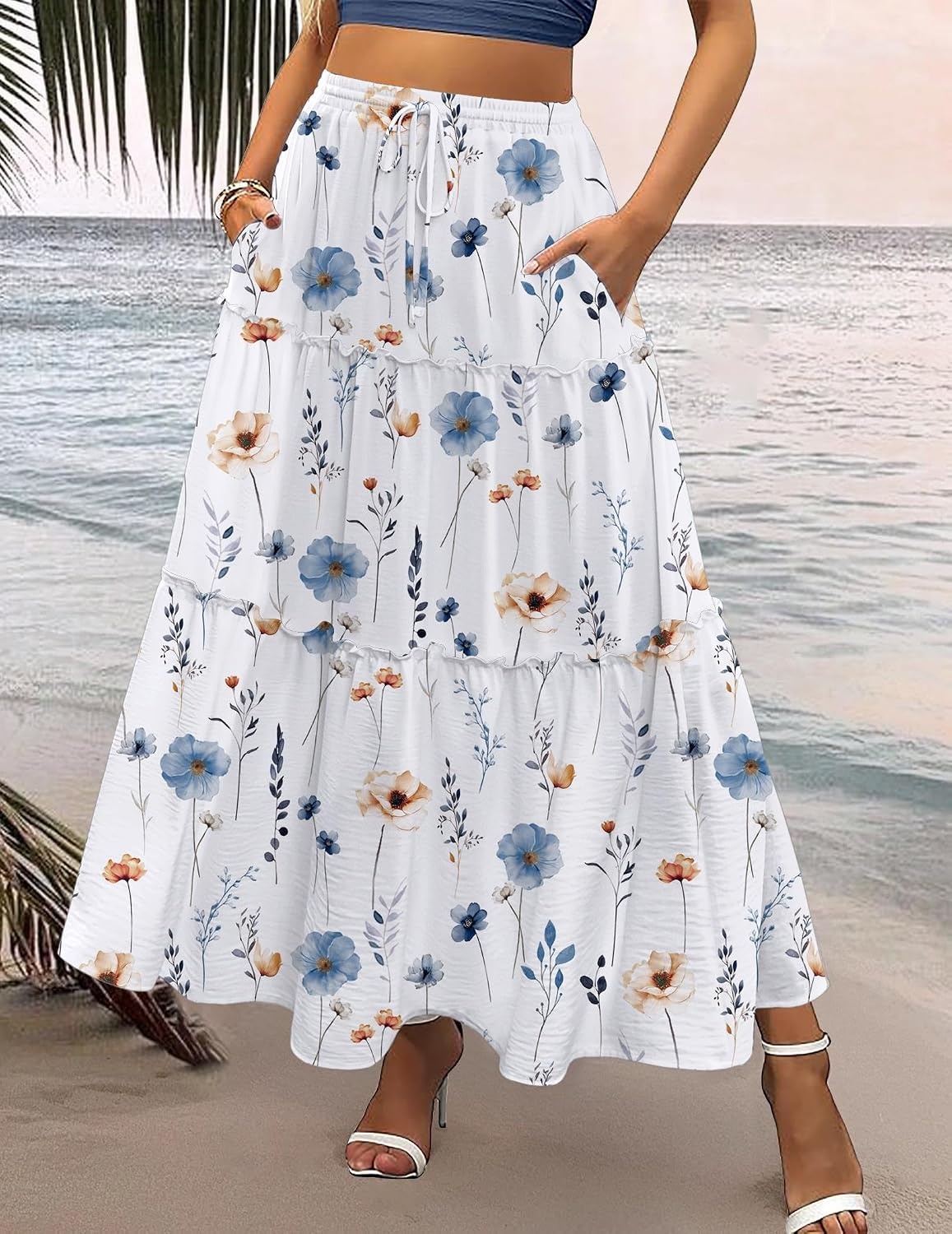 image:imageZeagoo Womens Casual Maxi Skirts for Women 2026 High Waist Boho Skirts Floral Printed Long Flowy Skirt with PocketsWhite Floralprinted