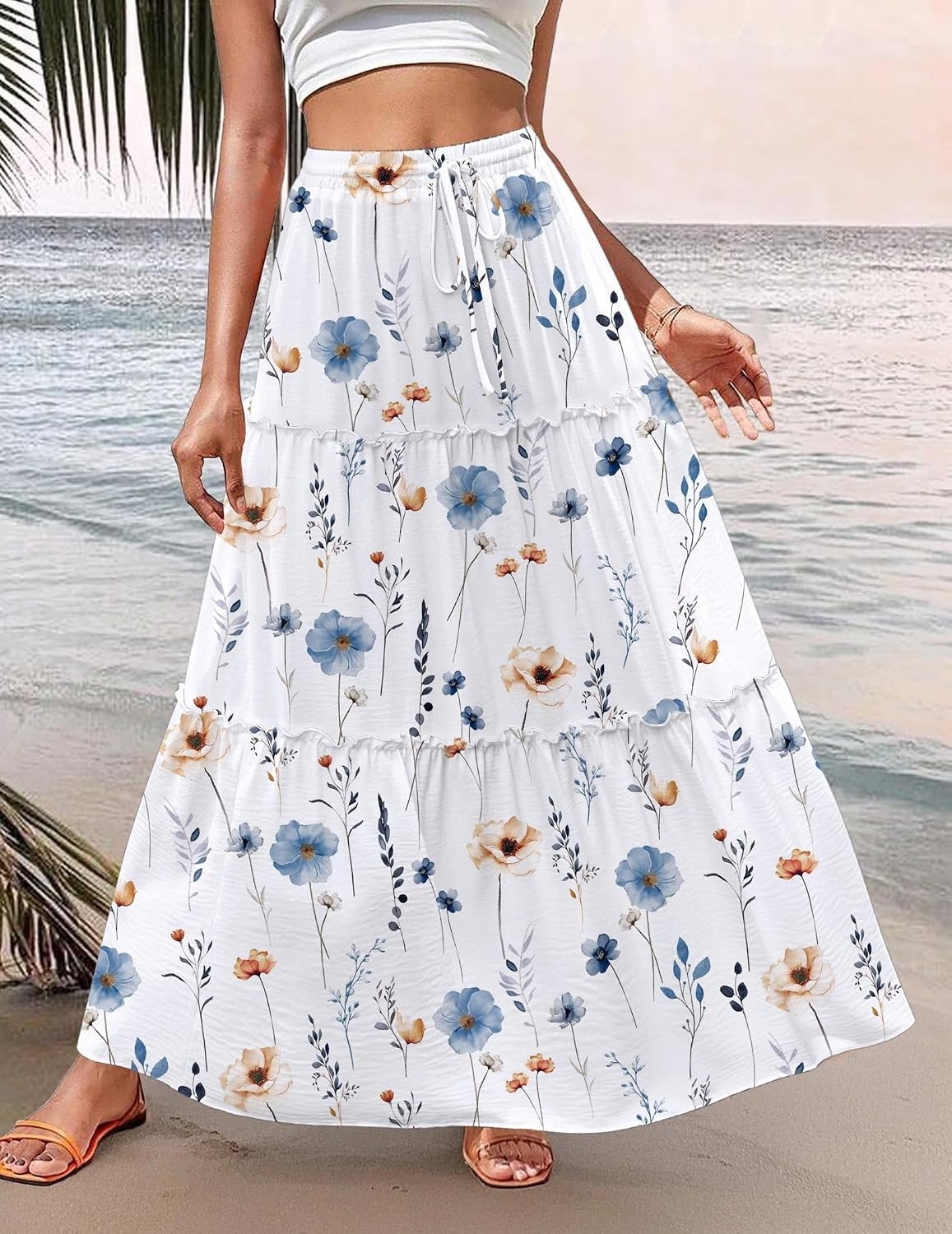 image:imageZeagoo Womens Casual Maxi Skirts for Women 2026 High Waist Boho Skirts Floral Printed Long Flowy Skirt with PocketsWhite Floralprinted