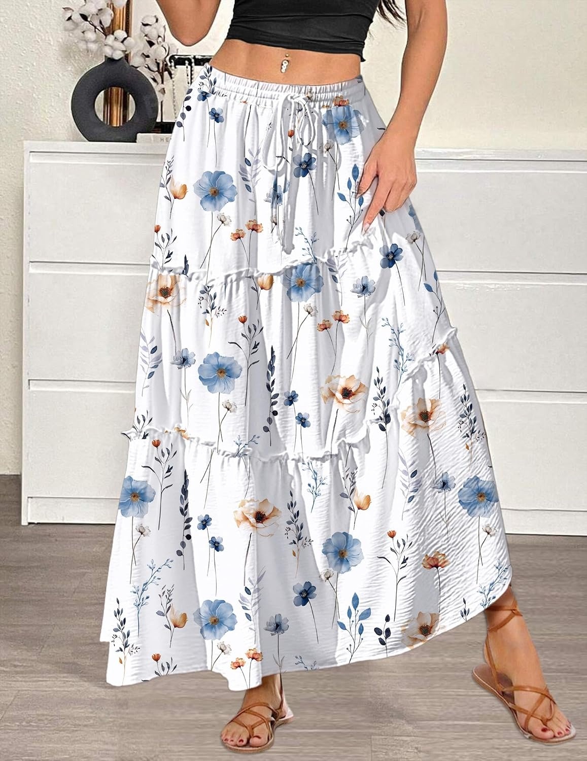 image:imageZeagoo Womens Casual Maxi Skirts for Women 2026 High Waist Boho Skirts Floral Printed Long Flowy Skirt with PocketsWhite Floralprinted