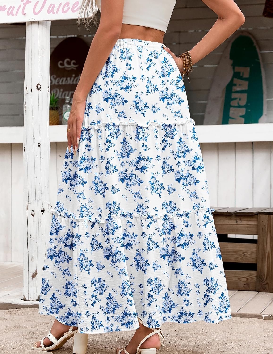 image:imageZeagoo Womens Casual Maxi Skirts for Women 2026 High Waist Boho Skirts Floral Printed Long Flowy Skirt with PocketsWhitefloral Printed