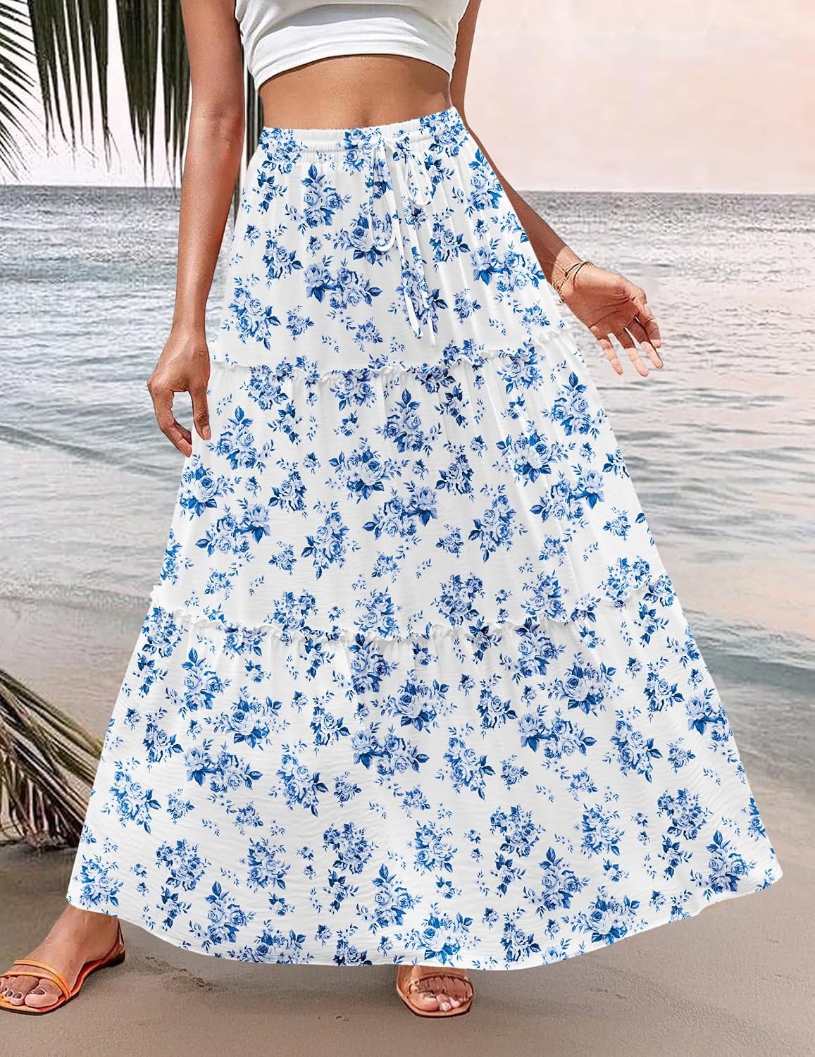 image:imageZeagoo Womens Casual Maxi Skirts for Women 2026 High Waist Boho Skirts Floral Printed Long Flowy Skirt with PocketsWhitefloral Printed