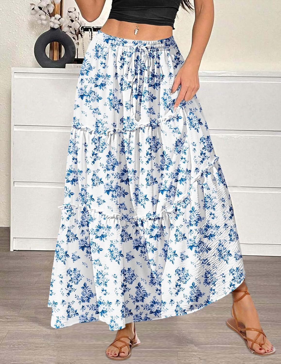 image:imageZeagoo Womens Casual Maxi Skirts for Women 2026 High Waist Boho Skirts Floral Printed Long Flowy Skirt with PocketsWhitefloral Printed